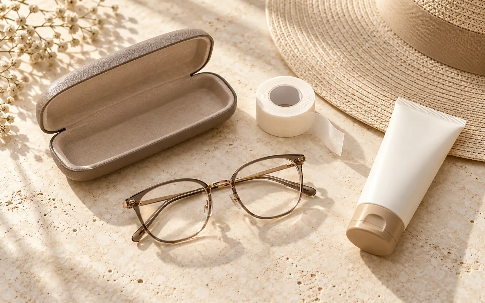 Face-free clinical still life about glasses and sun protection after rhinoplasty