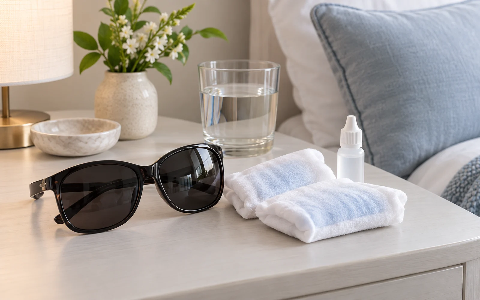 Sunglasses, cool compresses and a raised pillow prepared for eyelid surgery aftercare