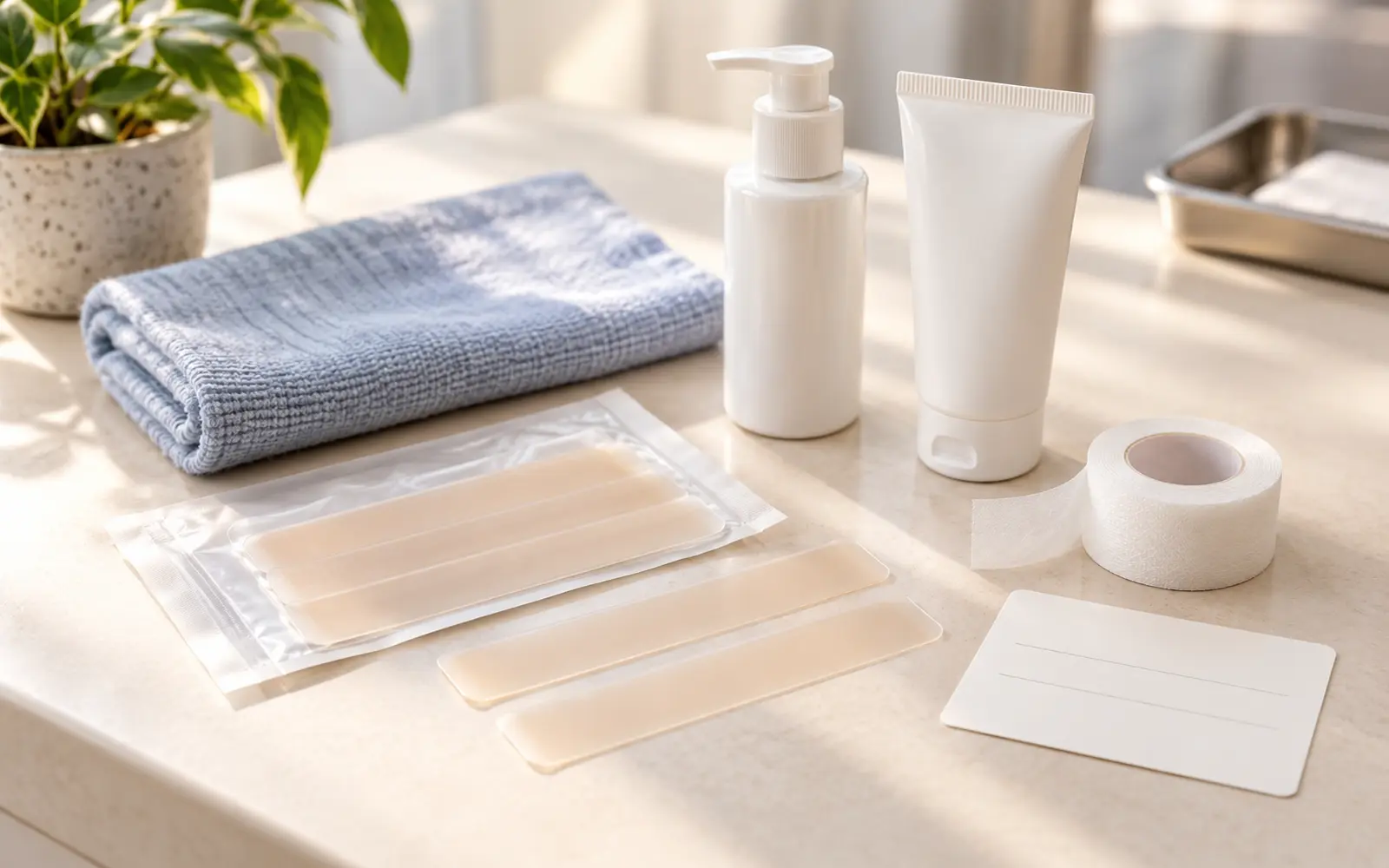 Illustrative Anordnung von Silikonprodukten, Sonnenschutz und medizinischem Tape zur möglichen Narbenpflege nach ärztlicher Freigabe