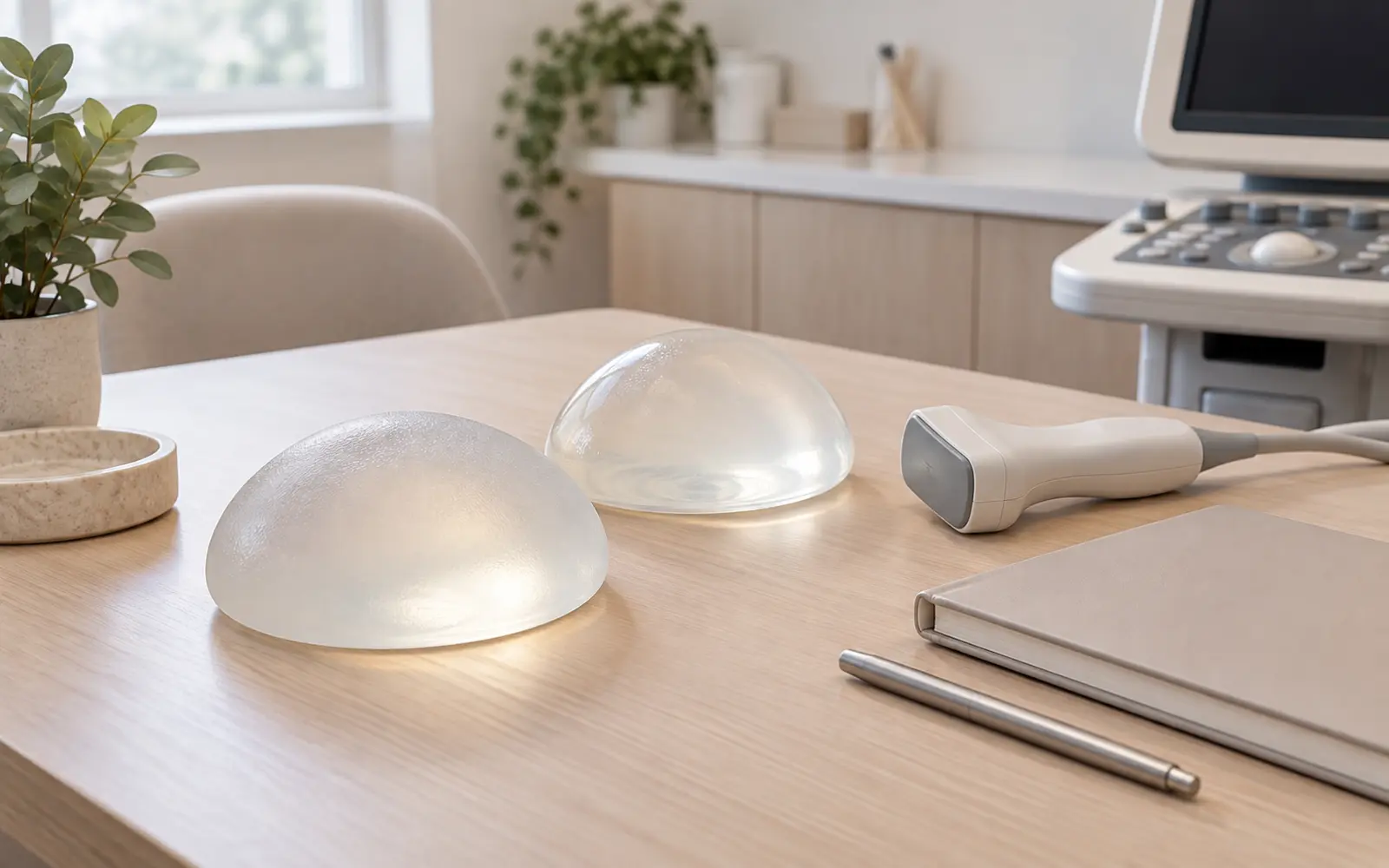 Generic breast implant models and an ultrasound probe used to represent implant follow-up