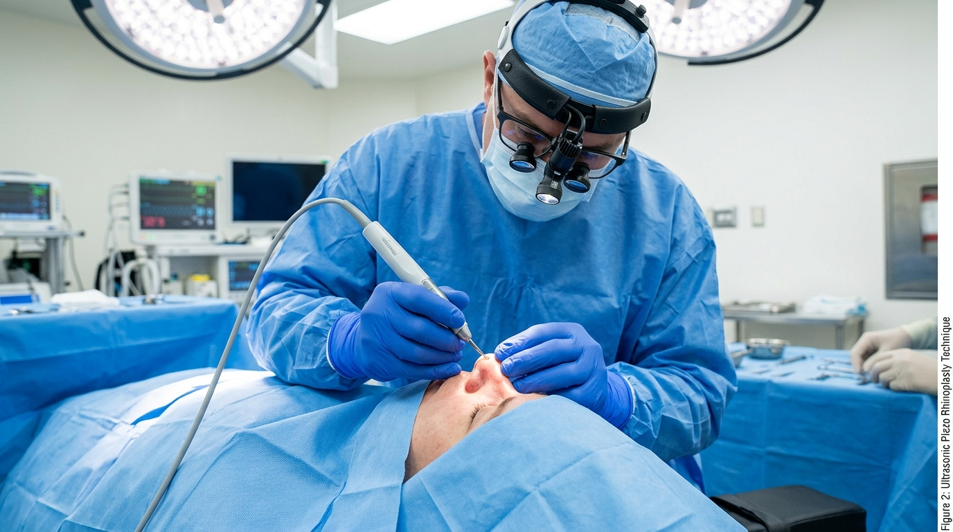 Medizinische Illustration eines Piezo-Instruments bei kontrollierter Arbeit am Nasenknochen